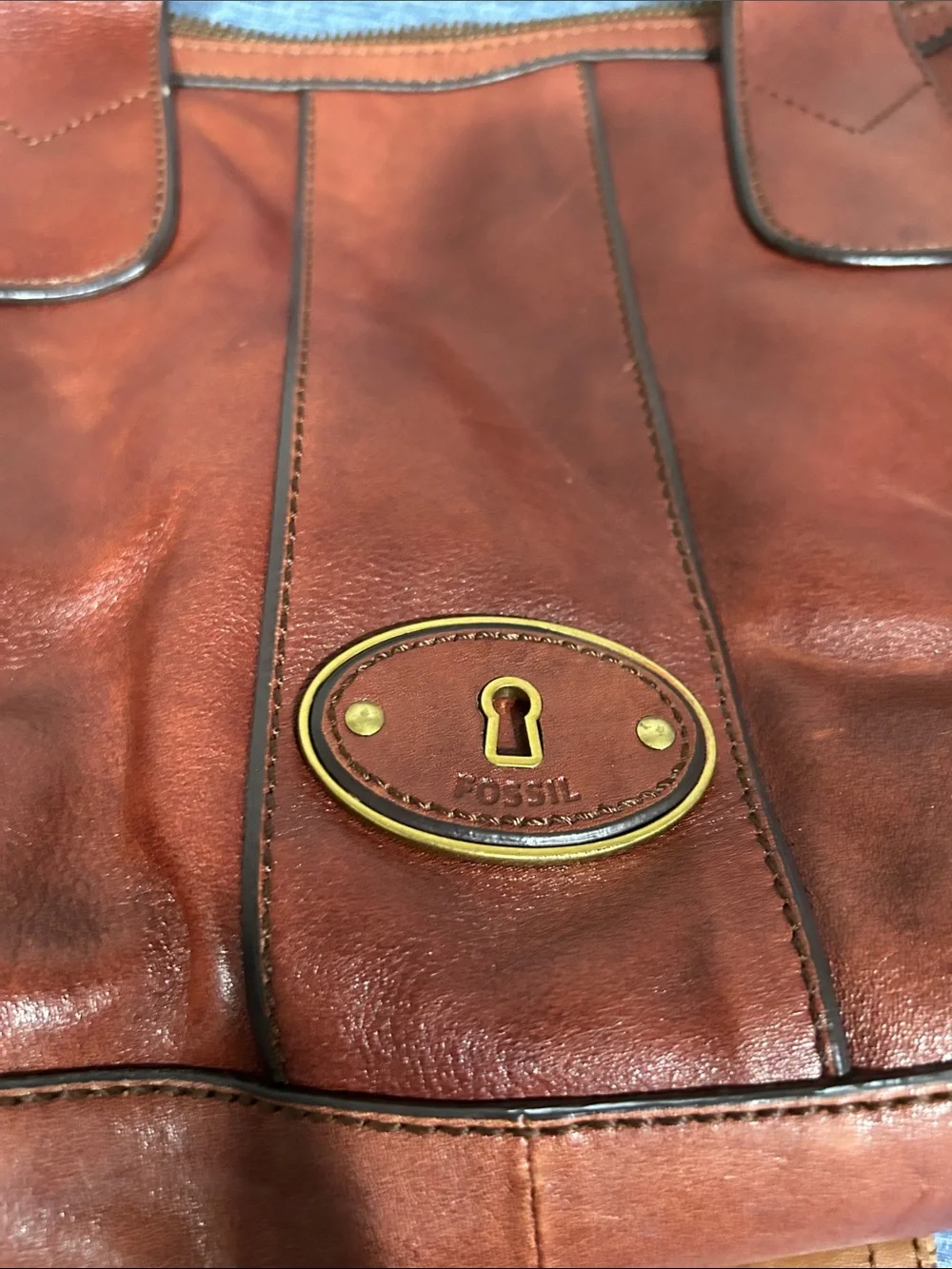 Fossil Vintage Reissue Satchel Rustic Brown Leather Tote with Brass Accents